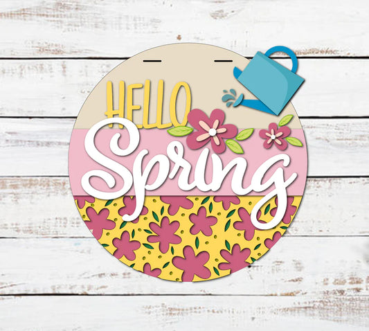 16” Hello Spring Water Can Flower  Print Door Hanger